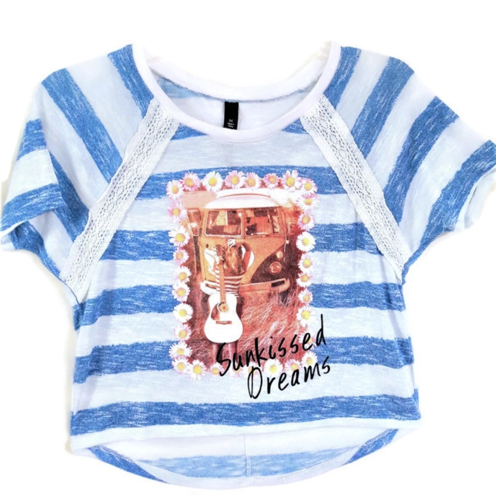 Striped Top Sweater Hi Lo Crop Lace Terry Cloth M